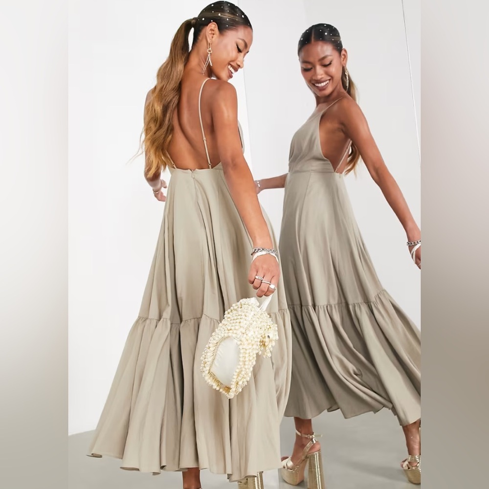 ASOS EDITION Full Cami Dress with Tiered Hem and Cut-out Detail in Sand US 2 - Picture 2 of 6